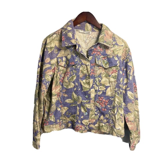 Vintage Norm Thompson Womens Floral Flower Denim Jacket Washed Button Size Large - Picture 1 of 3